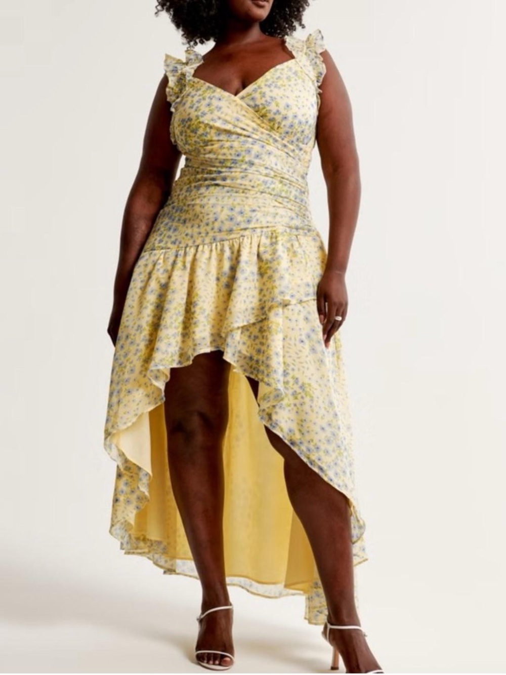 abercrombie & Fitch yellow foral ruffle high low midi dress large